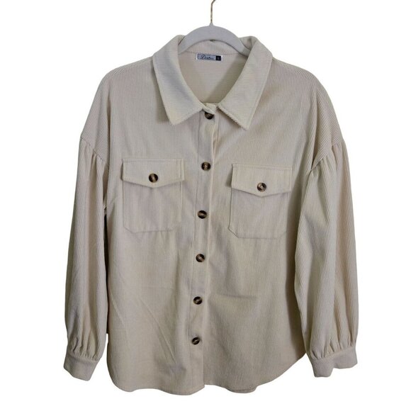 Neutral Beige Corduroy Shacket Dropped Shoulder Balloon Sleeves Size L - Picture 2 of 9